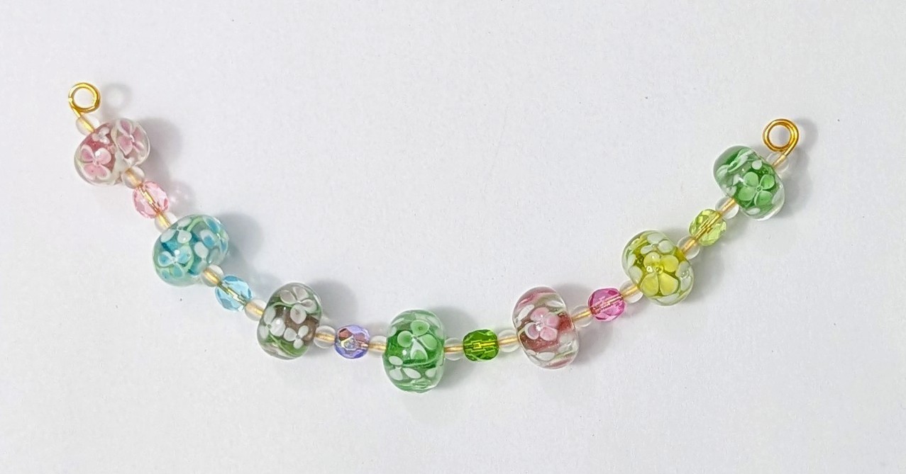 Lampwork Glass Spring Flowers Vintage Rondelle Beads with Czech Glass 7 Pieces
