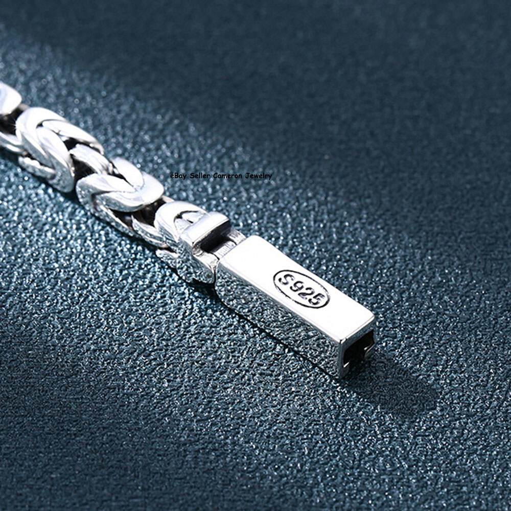 Solid S925 Sterling Silver Bracelet 4mm Byzantine ID Link Chain 7.1-7.9inch L