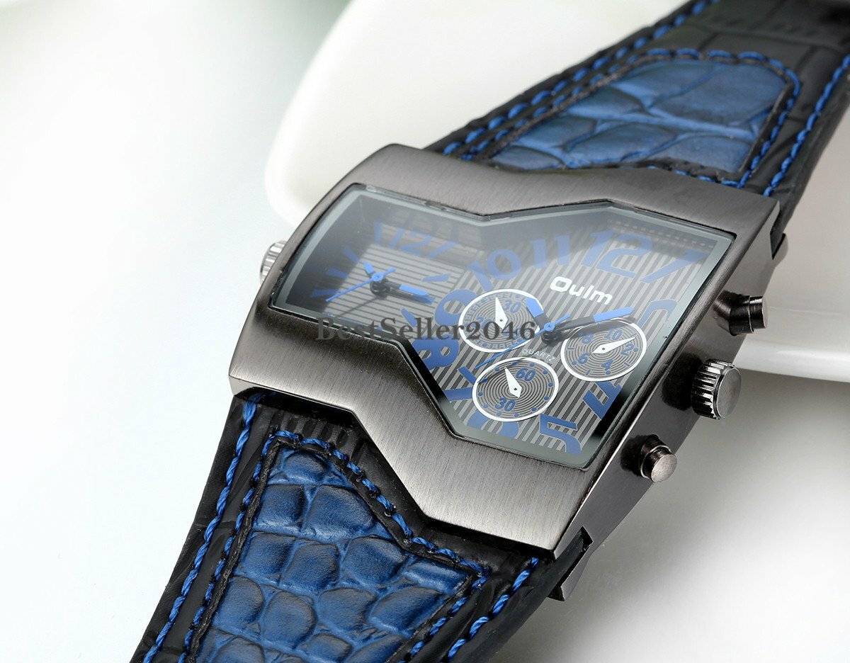 Military Dual Time Zone Irregular Dial Leather Band Men Sport Quartz Wrist Watch