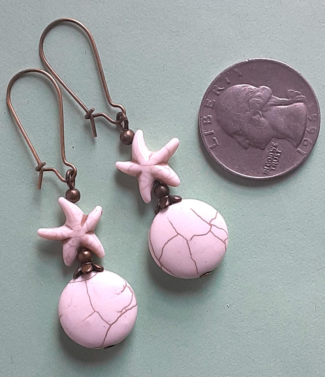 white STARFISH theme TURQUOISE dangle BRONZE KIDNEY WIRE handcrafted XGET