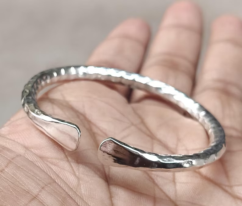 Hammered Round Bangle Open Cuff 925 Sterling Silver 5mm Thic Mens Bangle 7.5Inch