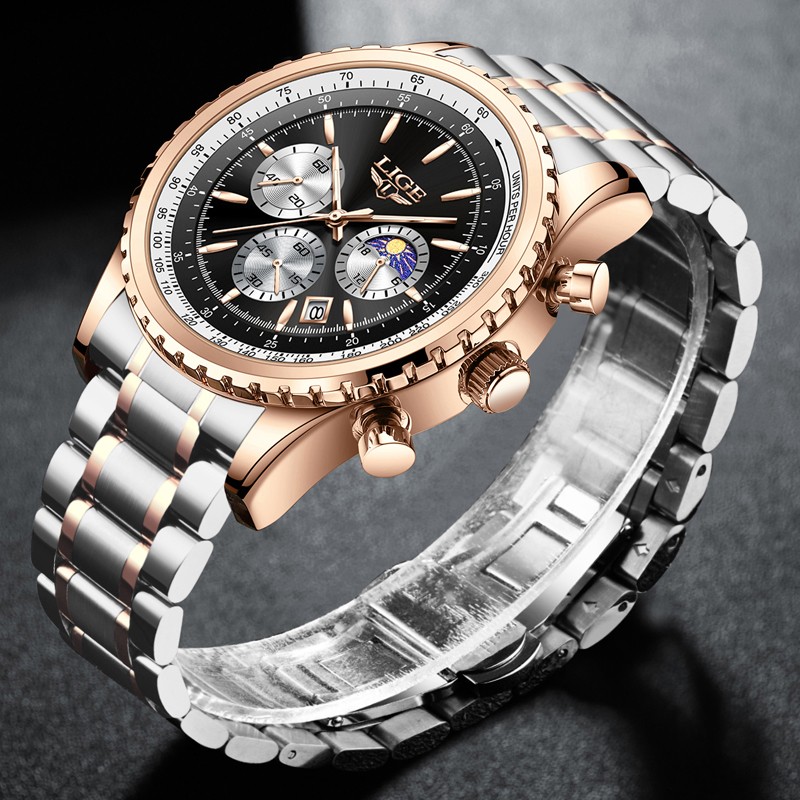 Men Watch Quartz Date Luminous Chronograph Waterproof Stainless Steel Wristwatch