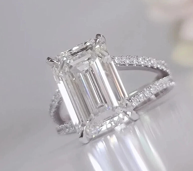 White Moissanite 5.50 Ct Emerald Cut Bridle Engagement Ring 925 Sterling Silver