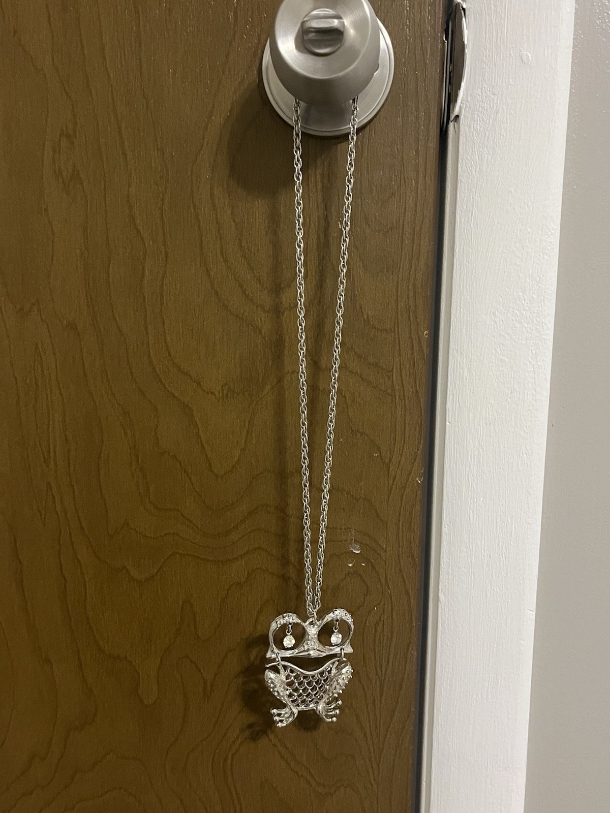 Silver Tone Frog Charm Pendant Necklace Clear Rhinestone Eyes Cable Chain