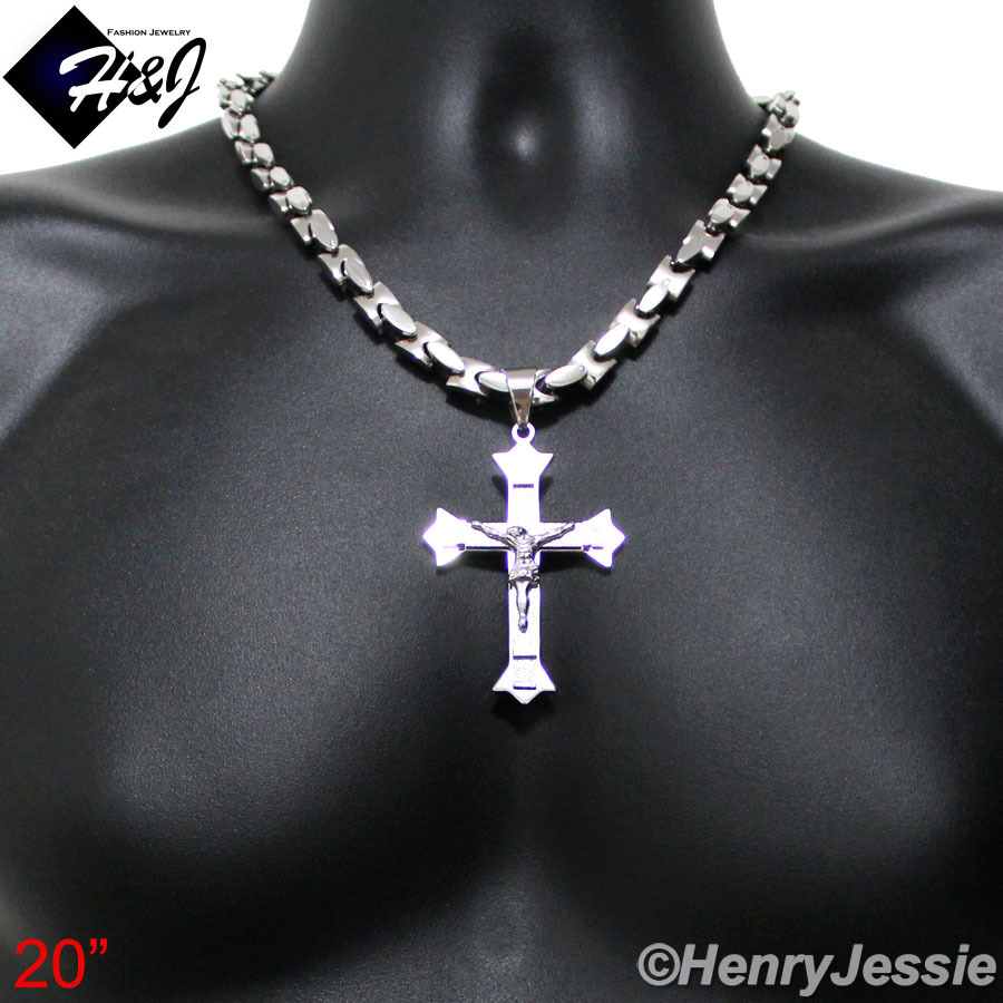 18-40″MEN Stainless Steel 8mm Silver Interlock Chain Necklace Cross Pendant*MJ28