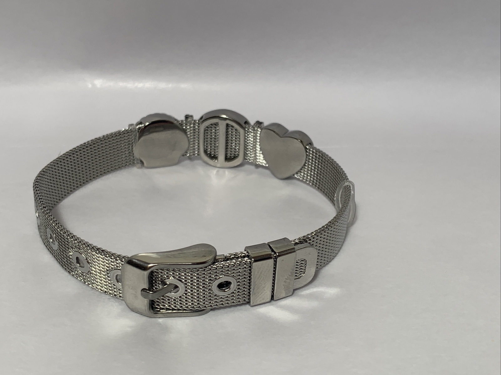 Silver Tone Stainless Steel Mesh Charm Bracelet Buckled Band with 3 charms