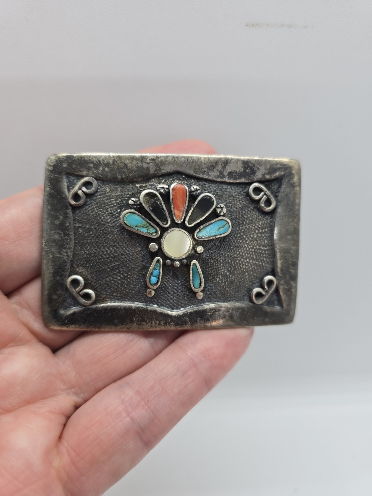 Vtg 1970s Navajo Sterling Silver Turquoise Coral Buckle Pendant Set Signed Begay