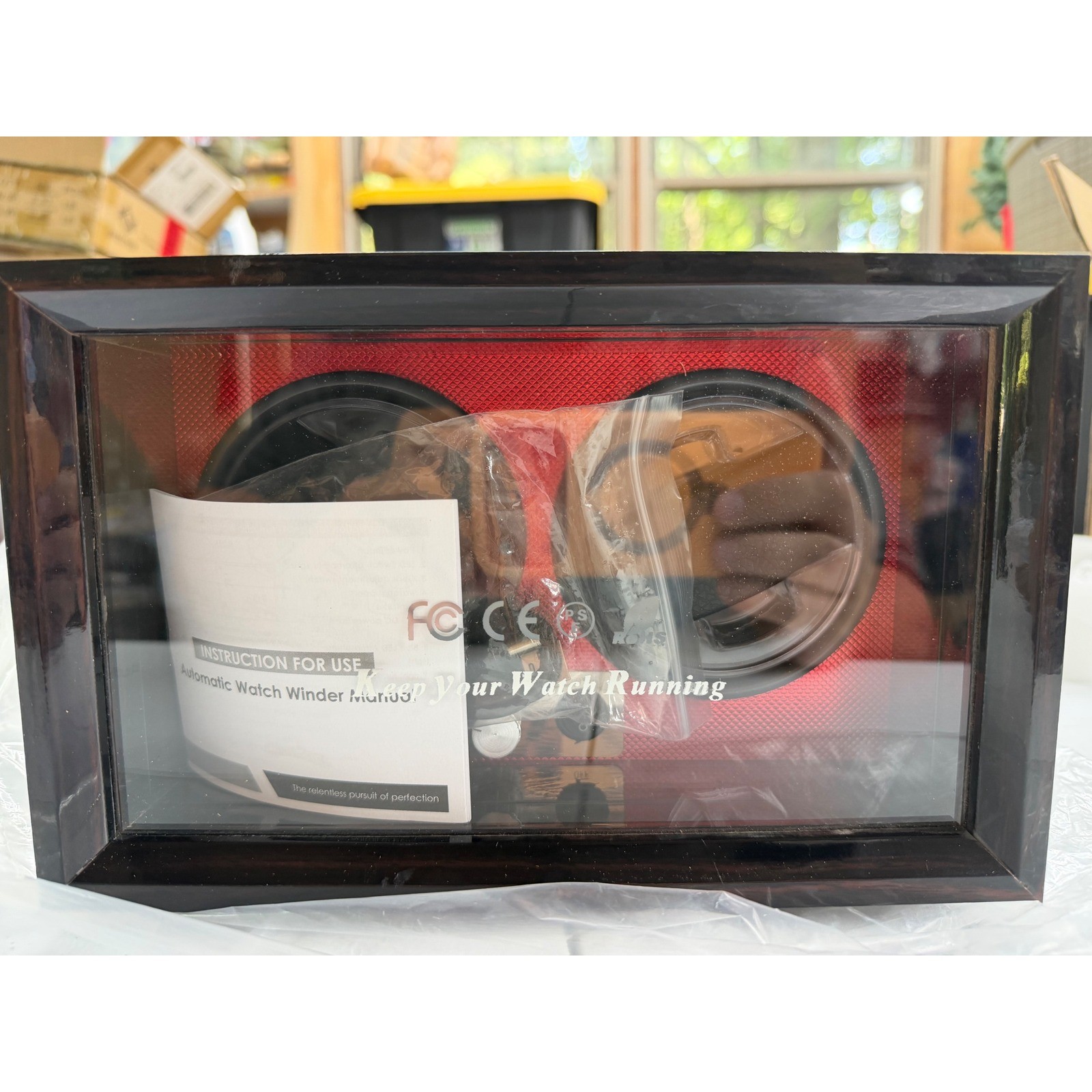 Dual Automatic Watch Winder Box Red Interior Glossy Wood Grain Finish USB Power