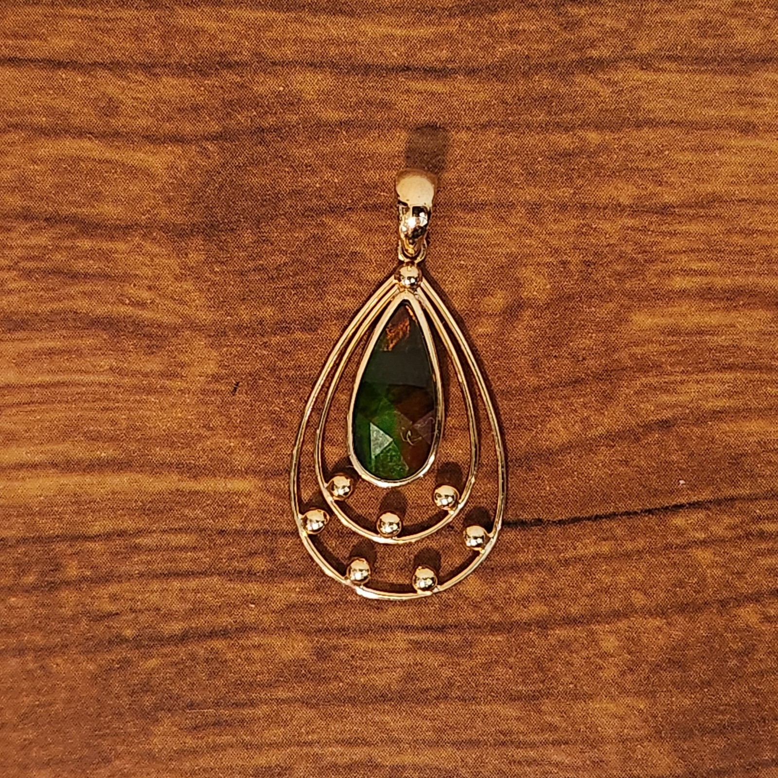 14K Yellow Gold Faceted Canadian Ammolite Doublet Korite Pendant Teardrop