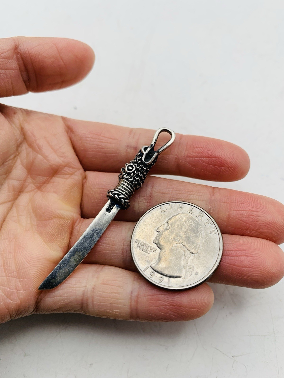 Vintage Sterling Silver 925 Asian Dragon Animal Dagger Knife Sword Charm Pendant