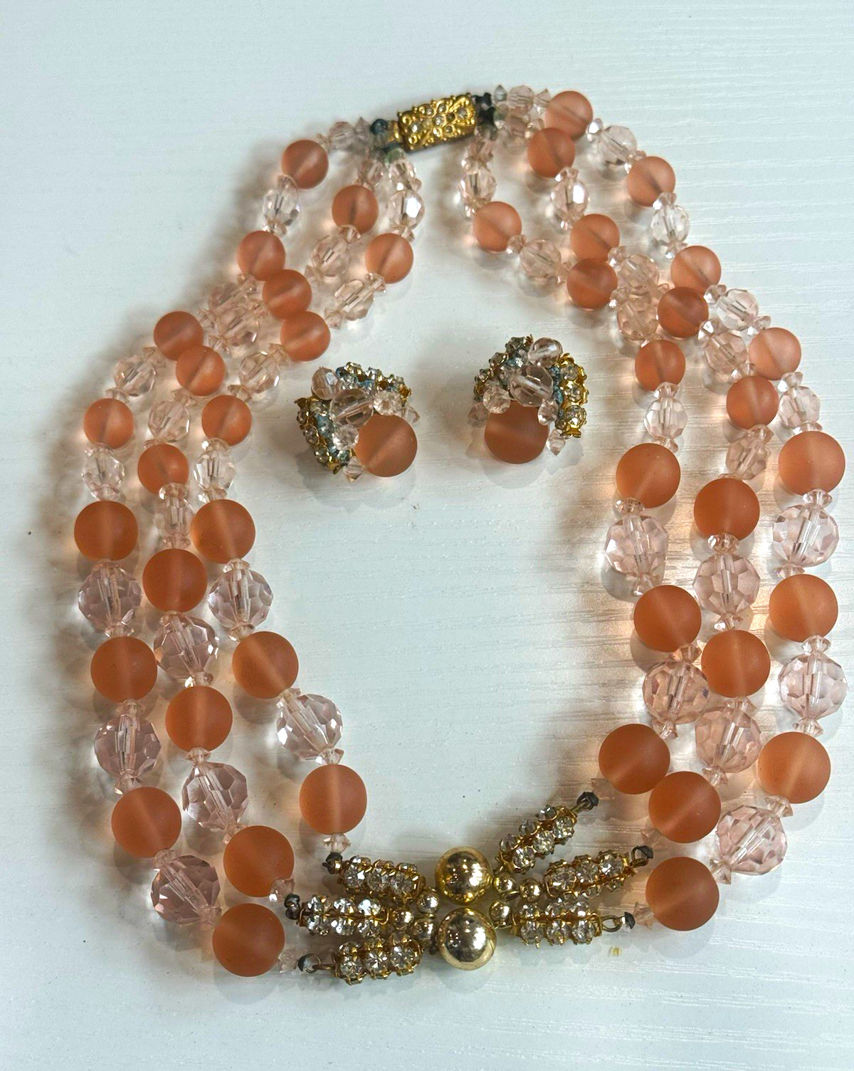 Pink- peach Crystal Necklace & Clip-On Earrings Set w/ Rhinestone Accents