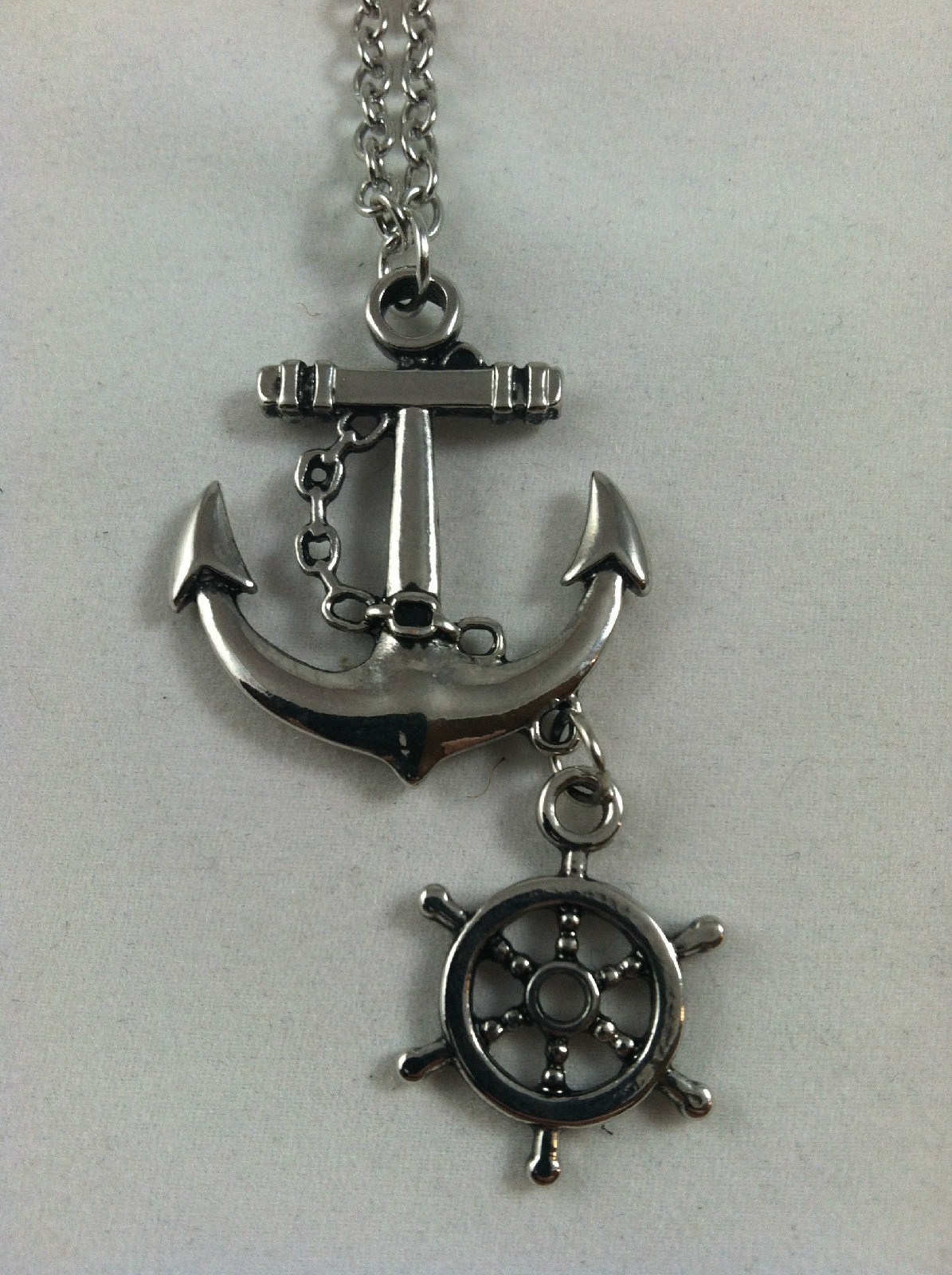 Anchor & dangle Nautical wheel charm Navy wife military silver tone Necklace