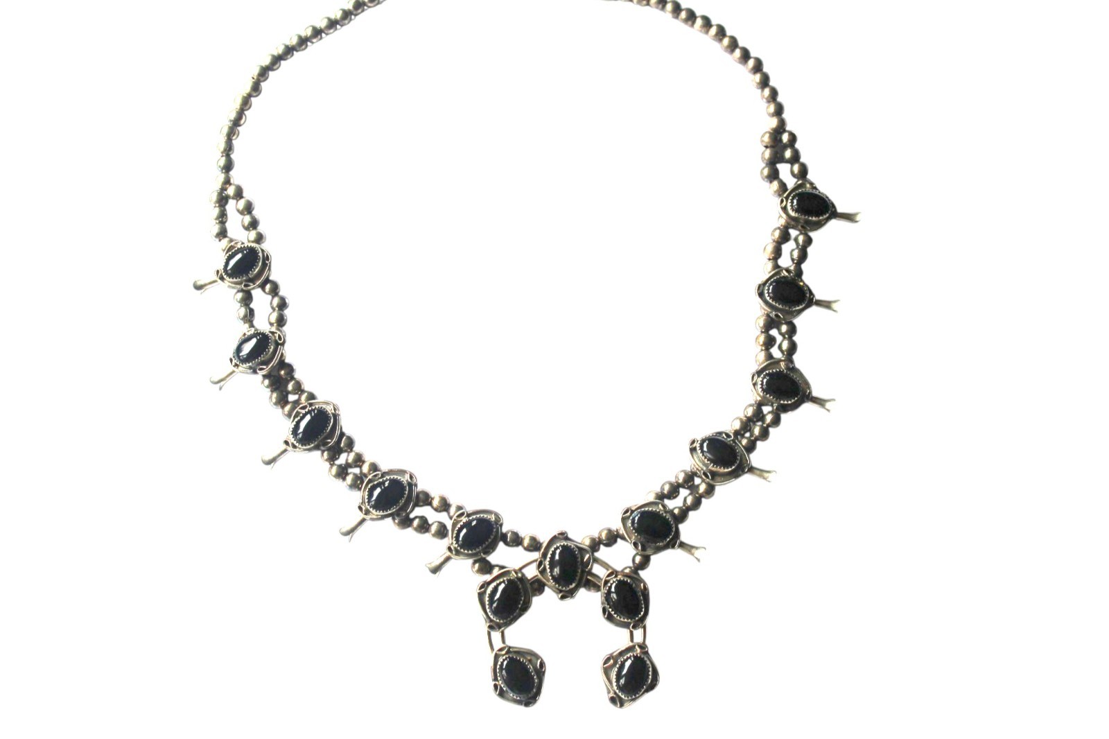 Vintage Silver Tone Black Onyx Squash Blossom Statement 24in Western Nickle