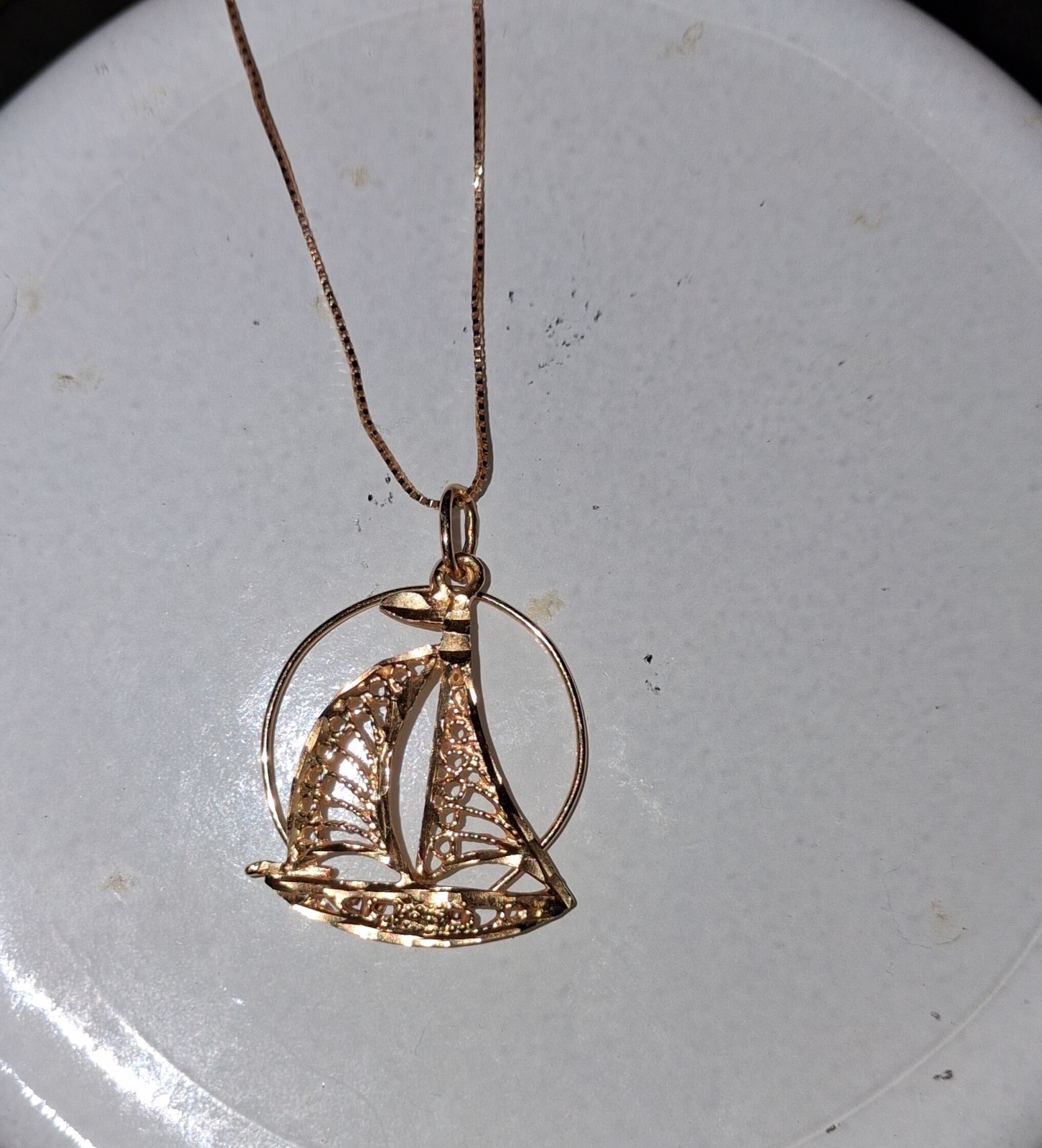 14k Solid Gold Sailboat W/ Charm Holder On 14k Solid Gold 26inch Box Chain 3.3G