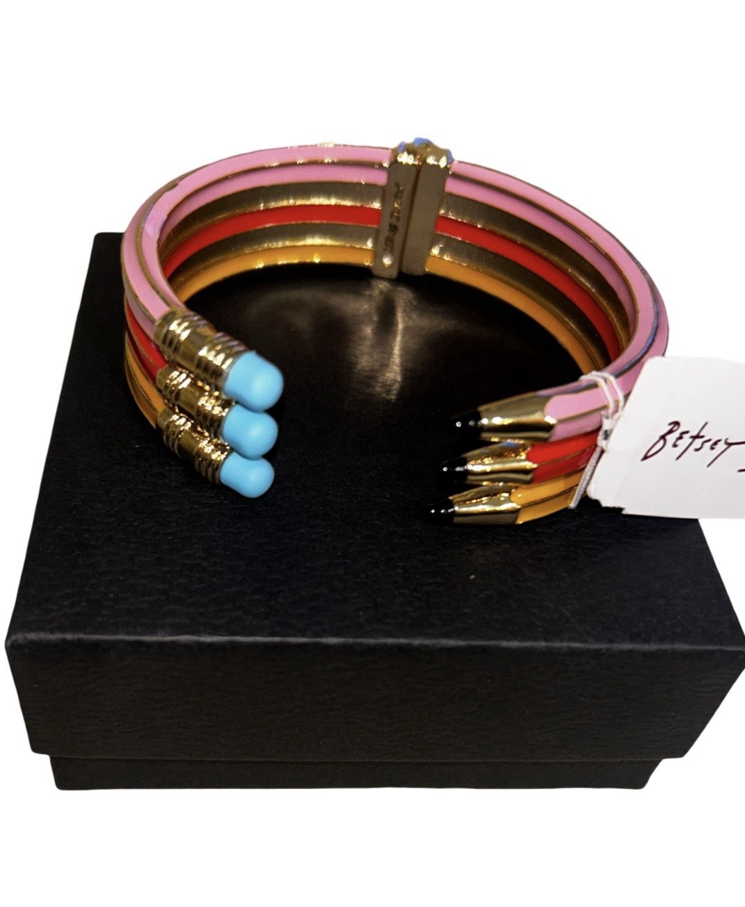 NWT BETSEY JOHNSON Triple Pencil Hinge Bangle Bracelet Pink red yellow $128