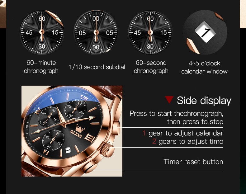 OLEVS 2872 Luminous Multifunctional Male Leather Top Quality Quartz Watches