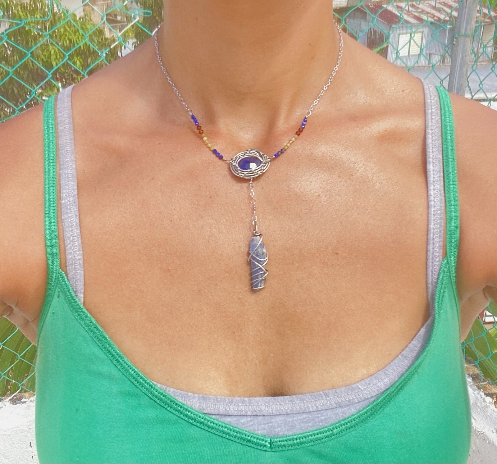 Handcrafted Wire Wrapped Blue Tanzanite Oval Pendant Beaded Necklace Steel Chain