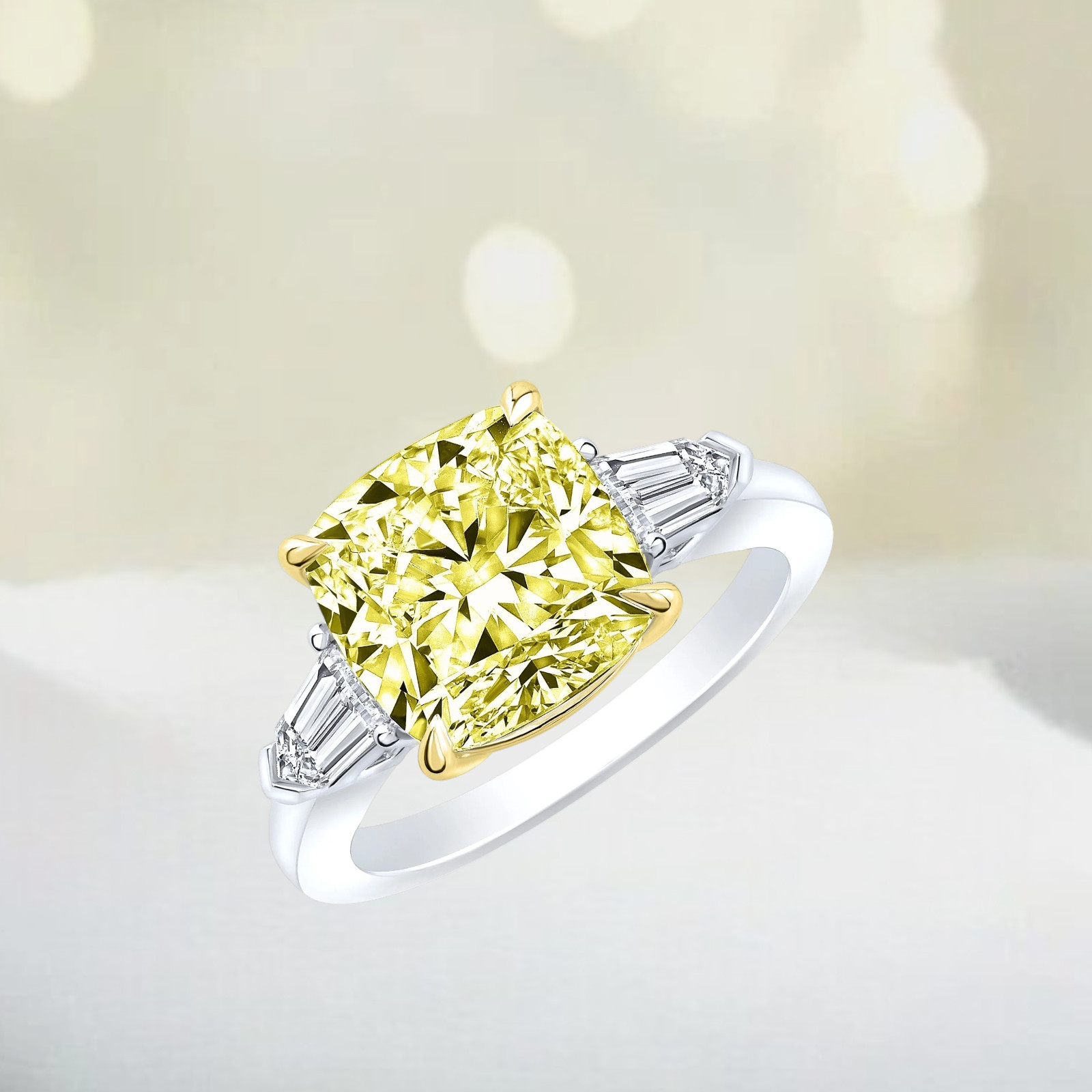 Fancy Vivid Yellow Diamond Ring 14K Multi Gold IGI Lab Grown 4.10 CT Cushion Cut