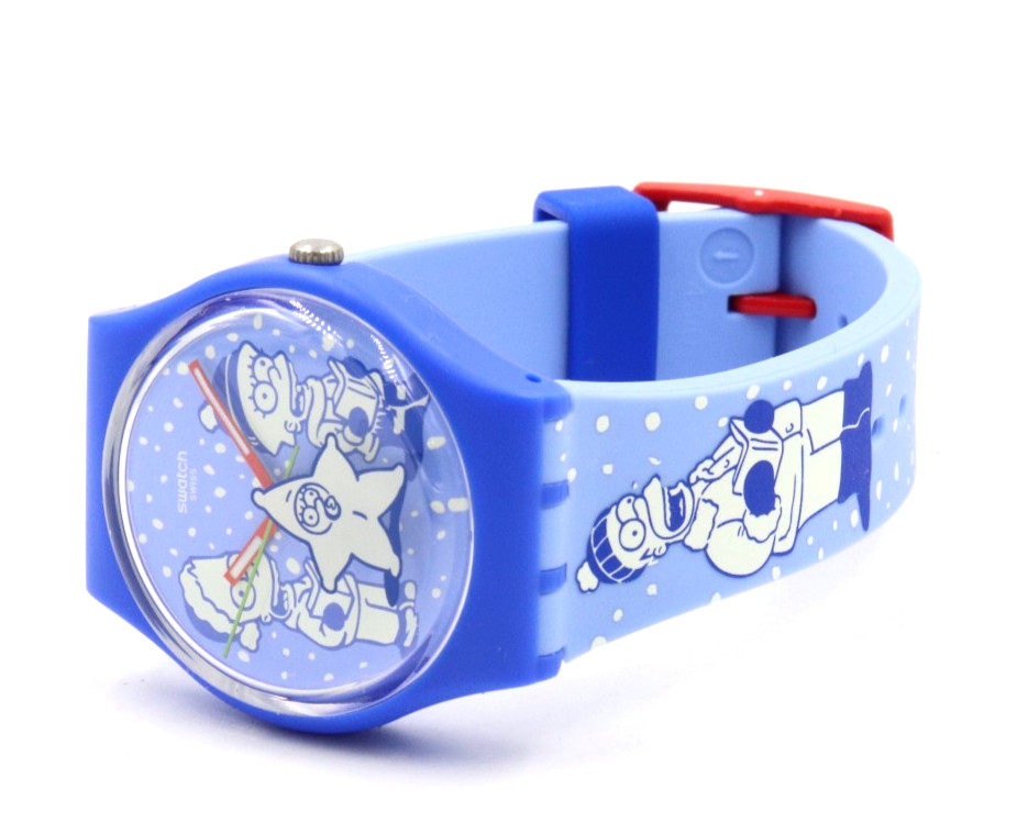 New Swiss Swatch The Simpsons TIDINGS OF JOY Blue Silicone Watch 34mm SO28Z126