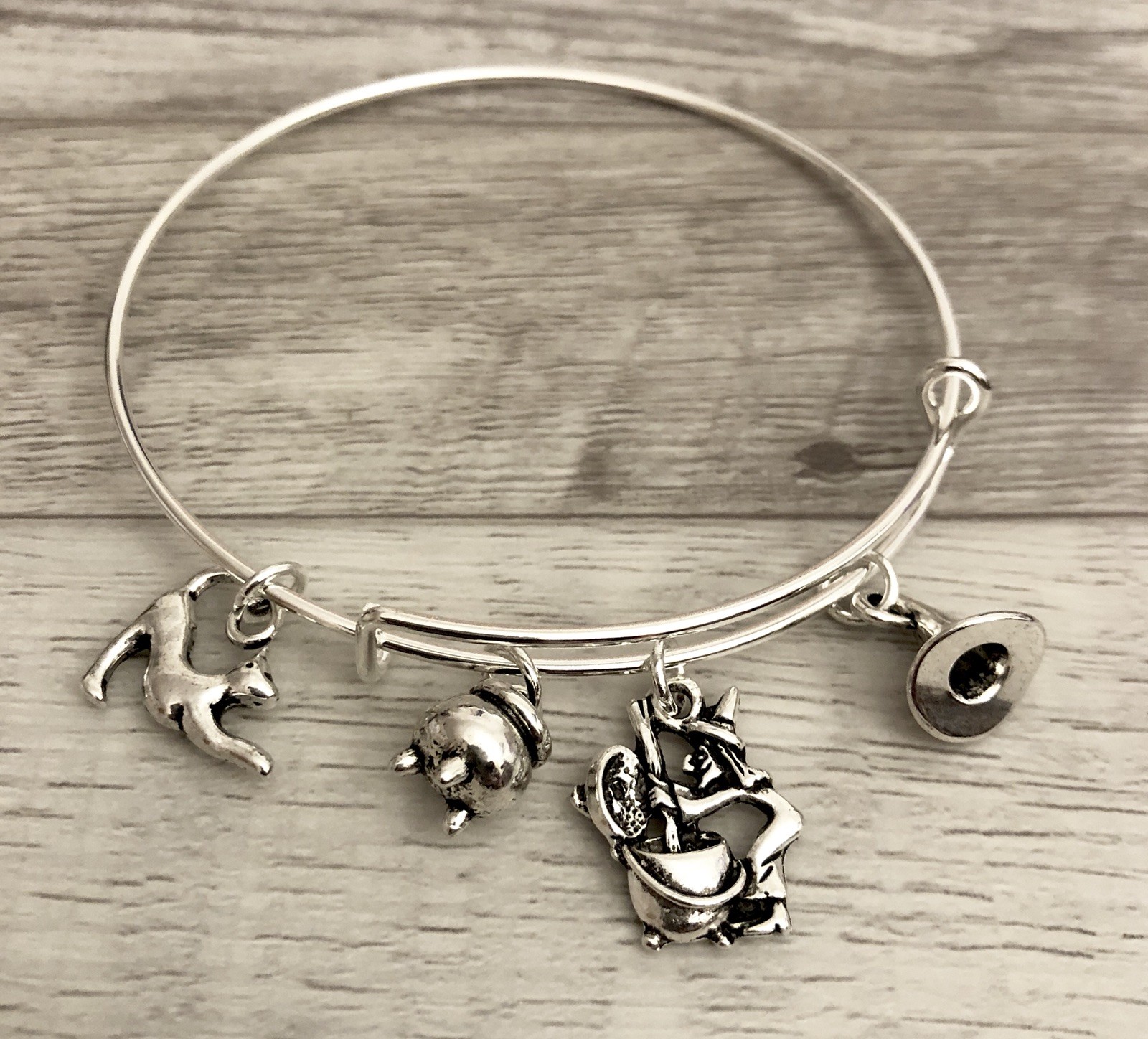 Halloween Witch & Brew & Cat Silver charm Expandable Bangle Bracelet