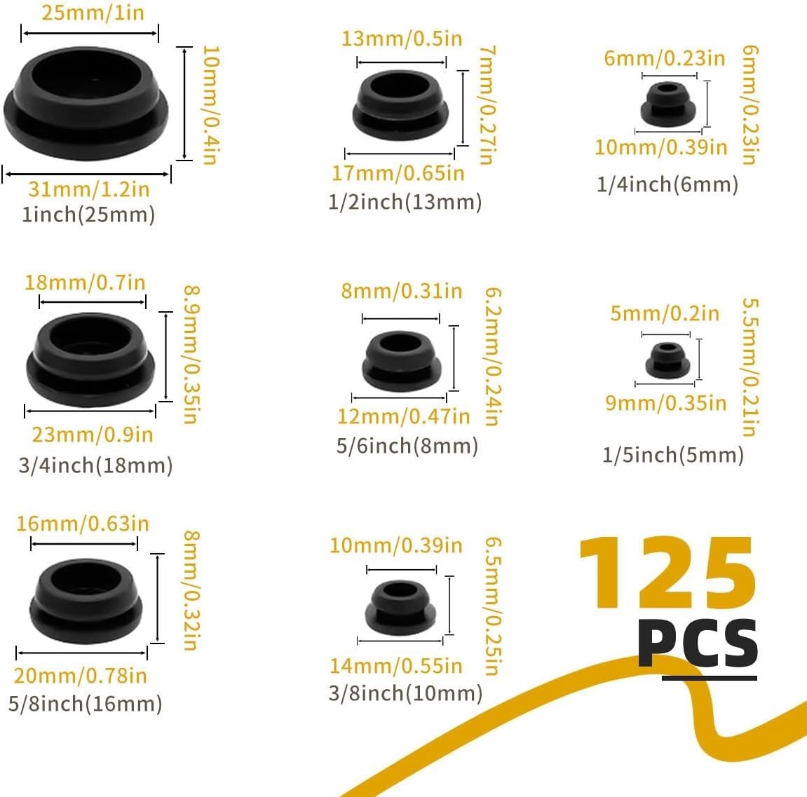 125Pcs Rubber Plugs for Round Holes, Durable and Long Service Life, 8 Sizes Hole