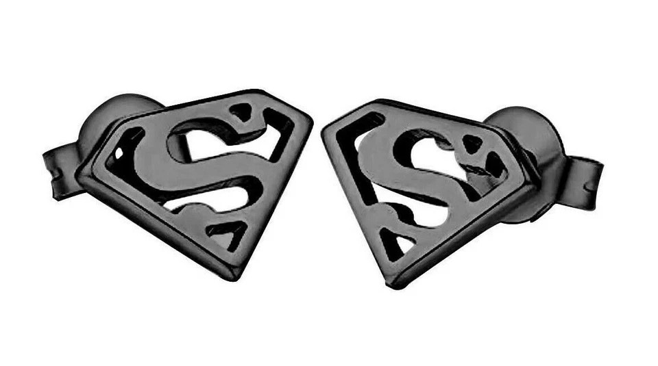 14K Black Gold Plated 925 Silver Superman Logo Push Back Stud Earrings Men Women