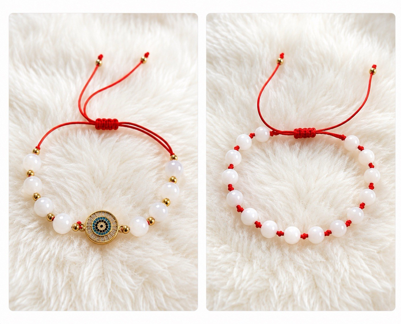 Red Cord White Beaded Bracelet, Gold-Tone Evil Eye Dangle Charm, Adjustable