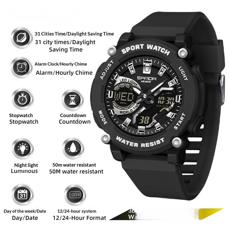 Sport Multiple Functions Watch Dual Display Quartz + Electronic 12/24 Hour 5Atm