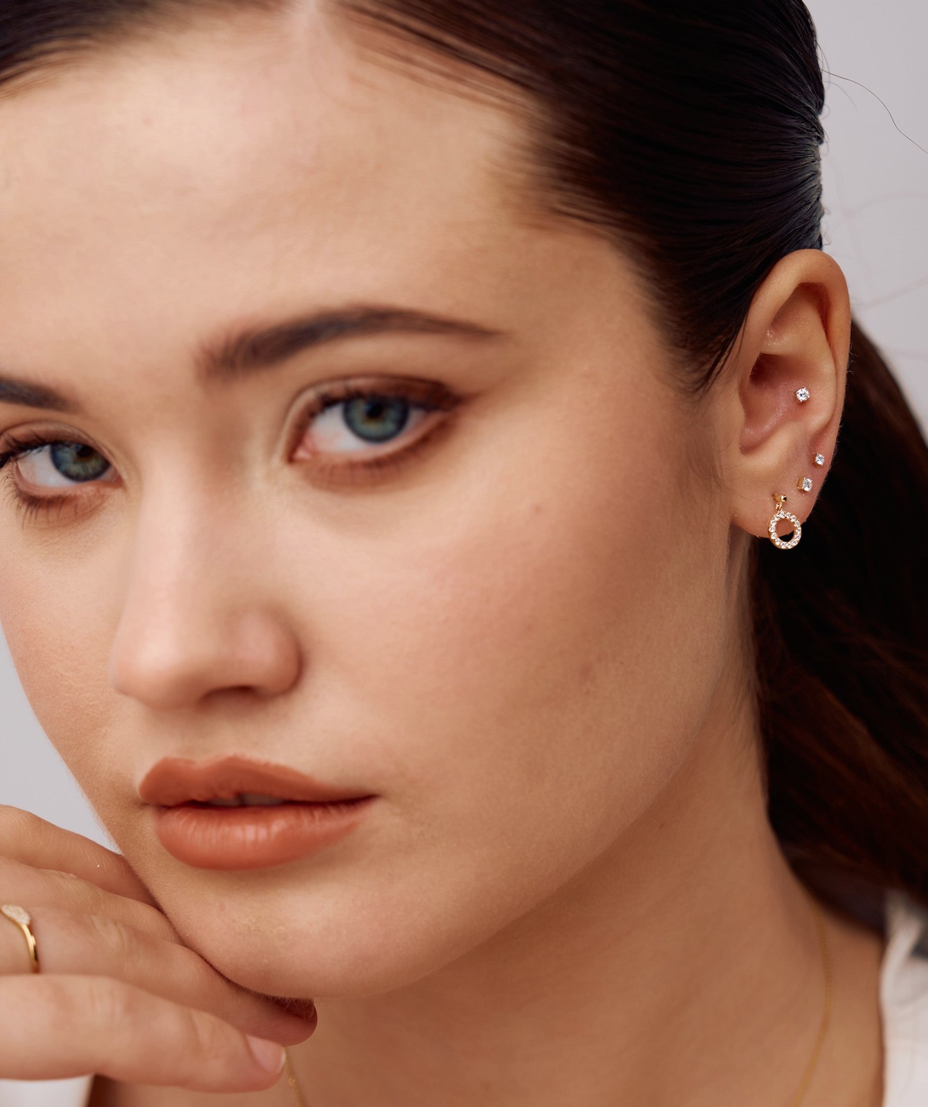 14K Gold Round Cut Lab Grown Diamond Open Circle Drop Earrings With Bead Stud