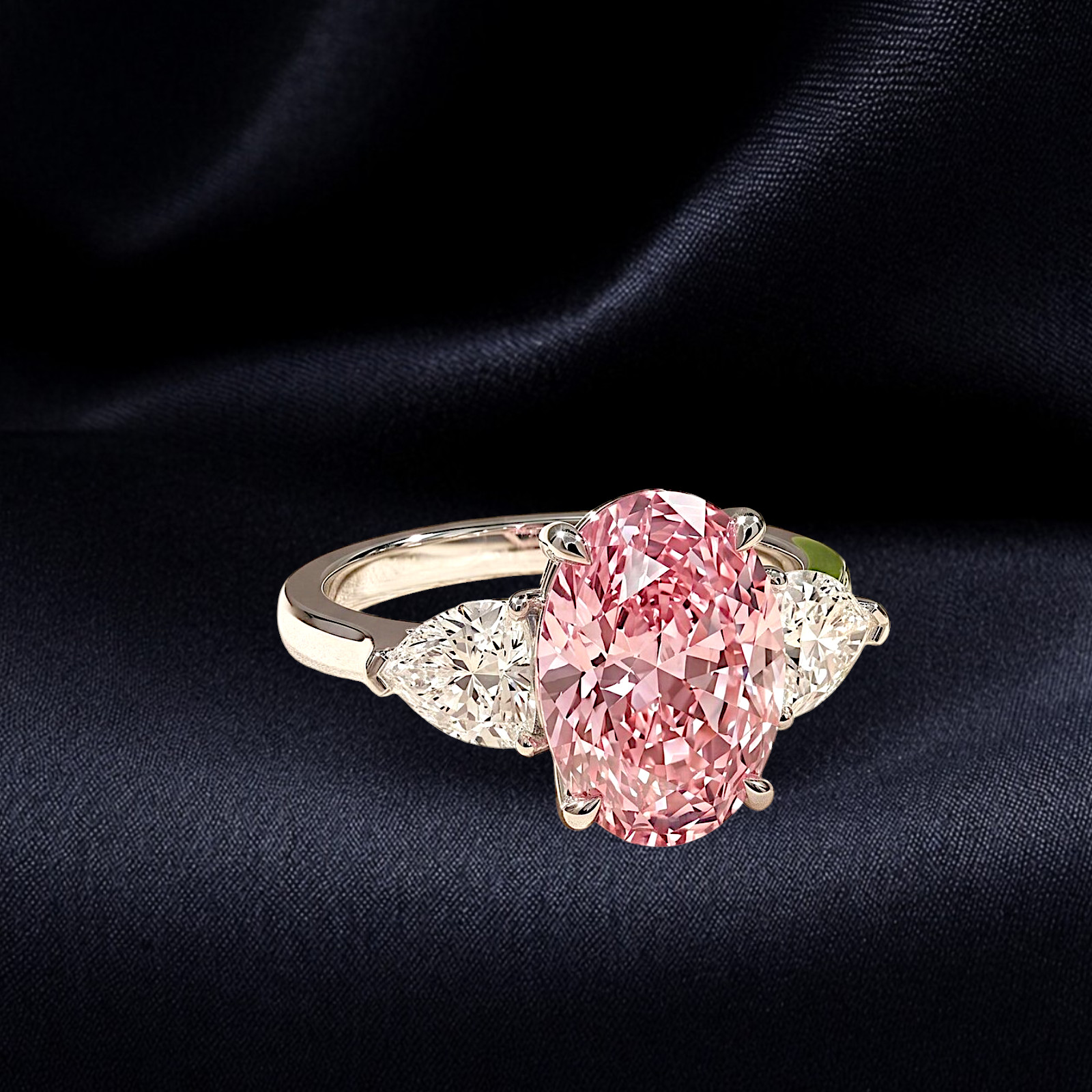 14k White Gold Ring 3.80 Ct IGI Lab Created Fancy Intense Pink Oval Cut Diamond