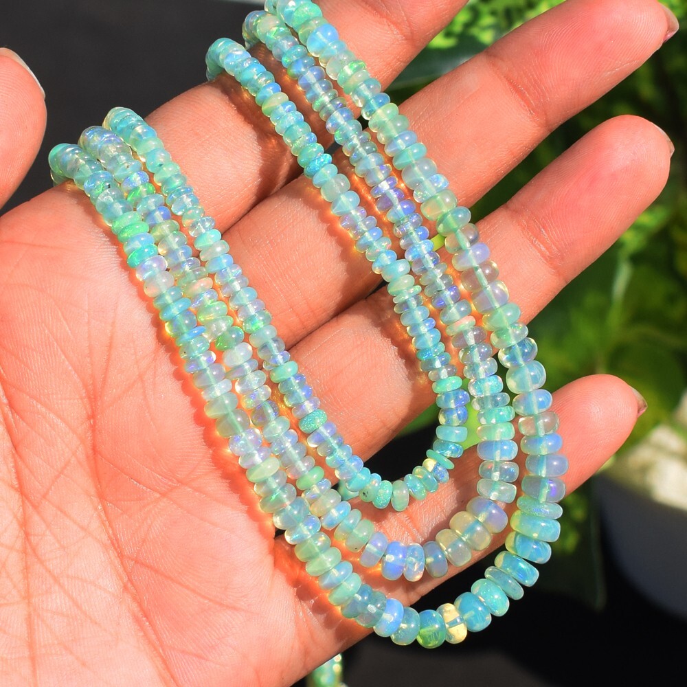 132 Cts Enhanced Amazing Flash Green Ethiopian Opal Beaded Necklace SK 23E464