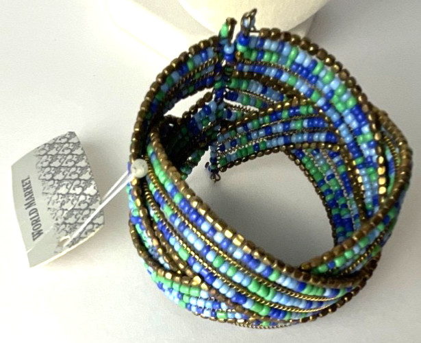 World Market Bohemian Bead Bracelet Blue Brown Green Wire Cuff Brand New