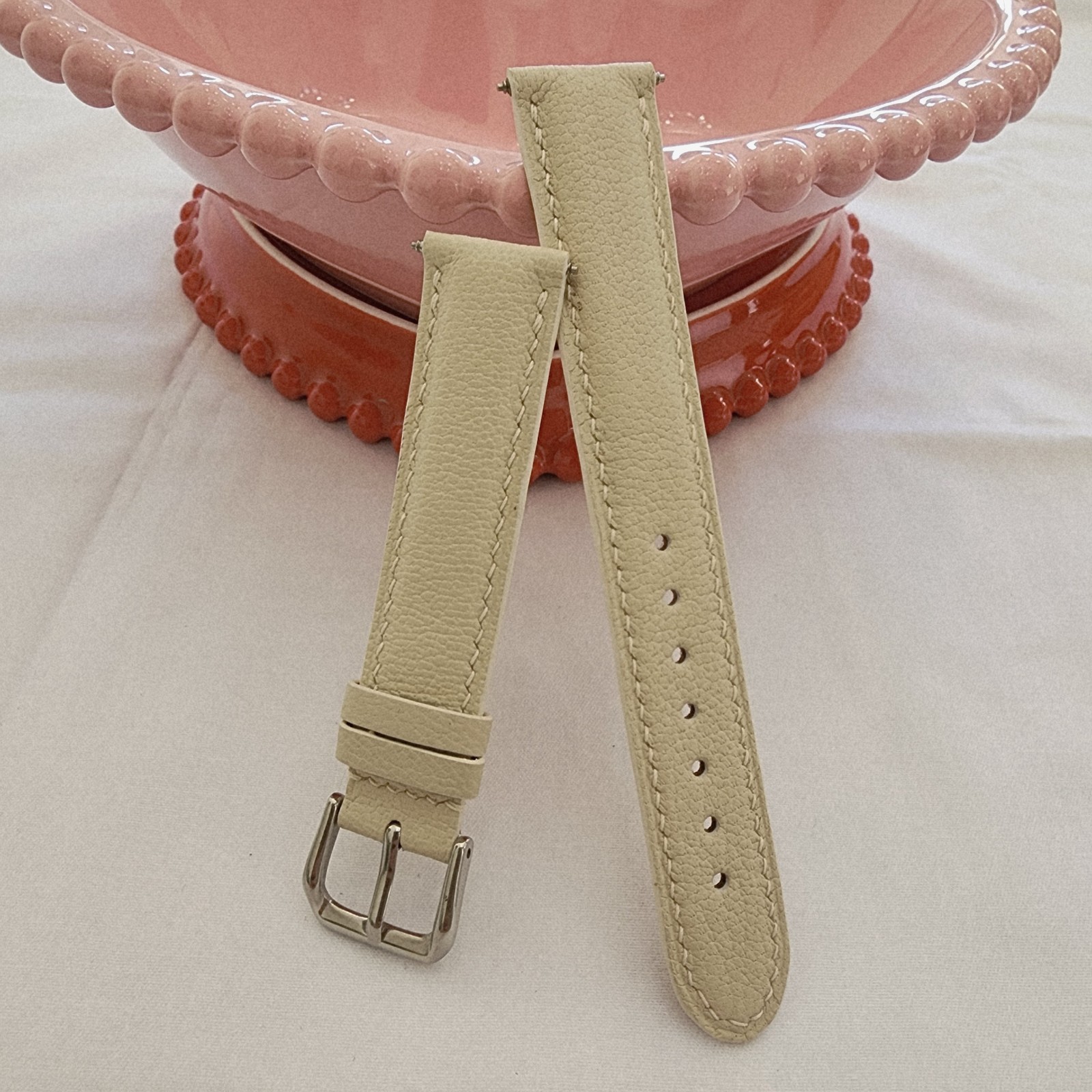 18mm Handmade Ivory French Sheepskin Leather Watch Strap Cream White 18-16