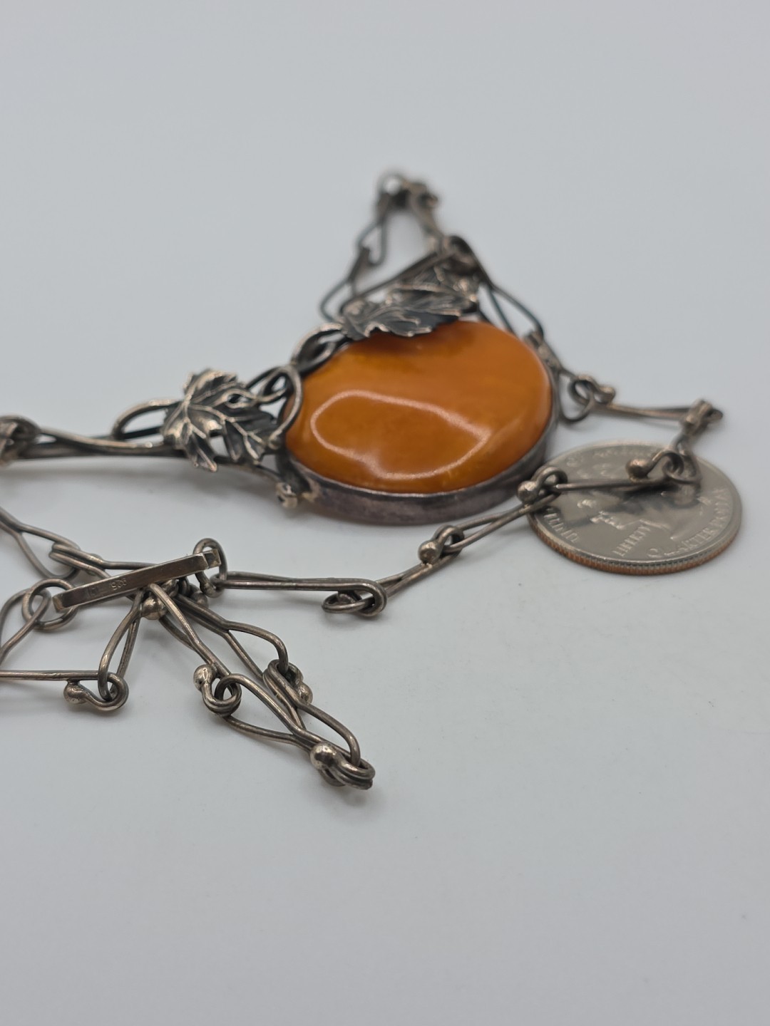 Vintage Sterling Silver 925 Orange Egg Yolk Amber Necklace 18″ 32g