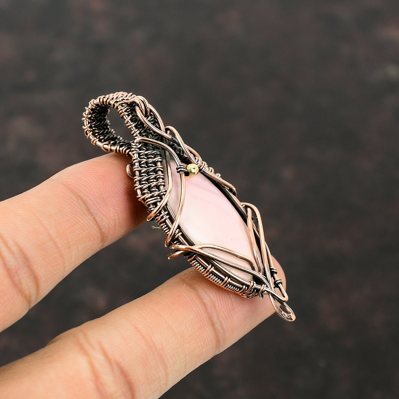 Wedding Gift For Her Copper Pink Opal Jewelry Wire Wrapped Pendant 2.56″