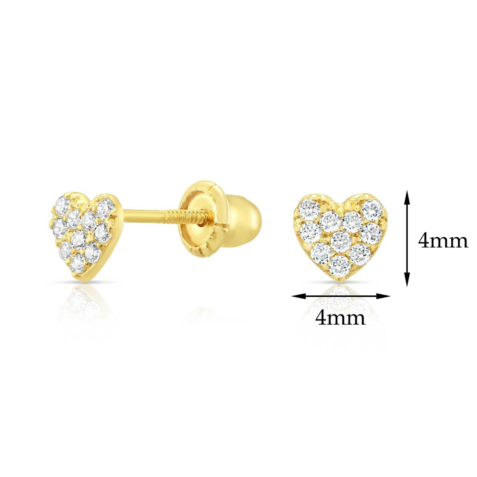 10K Real Solid Yellow Gold Baby Small Heart CZ Sleeper Studs Earrings Screw-back