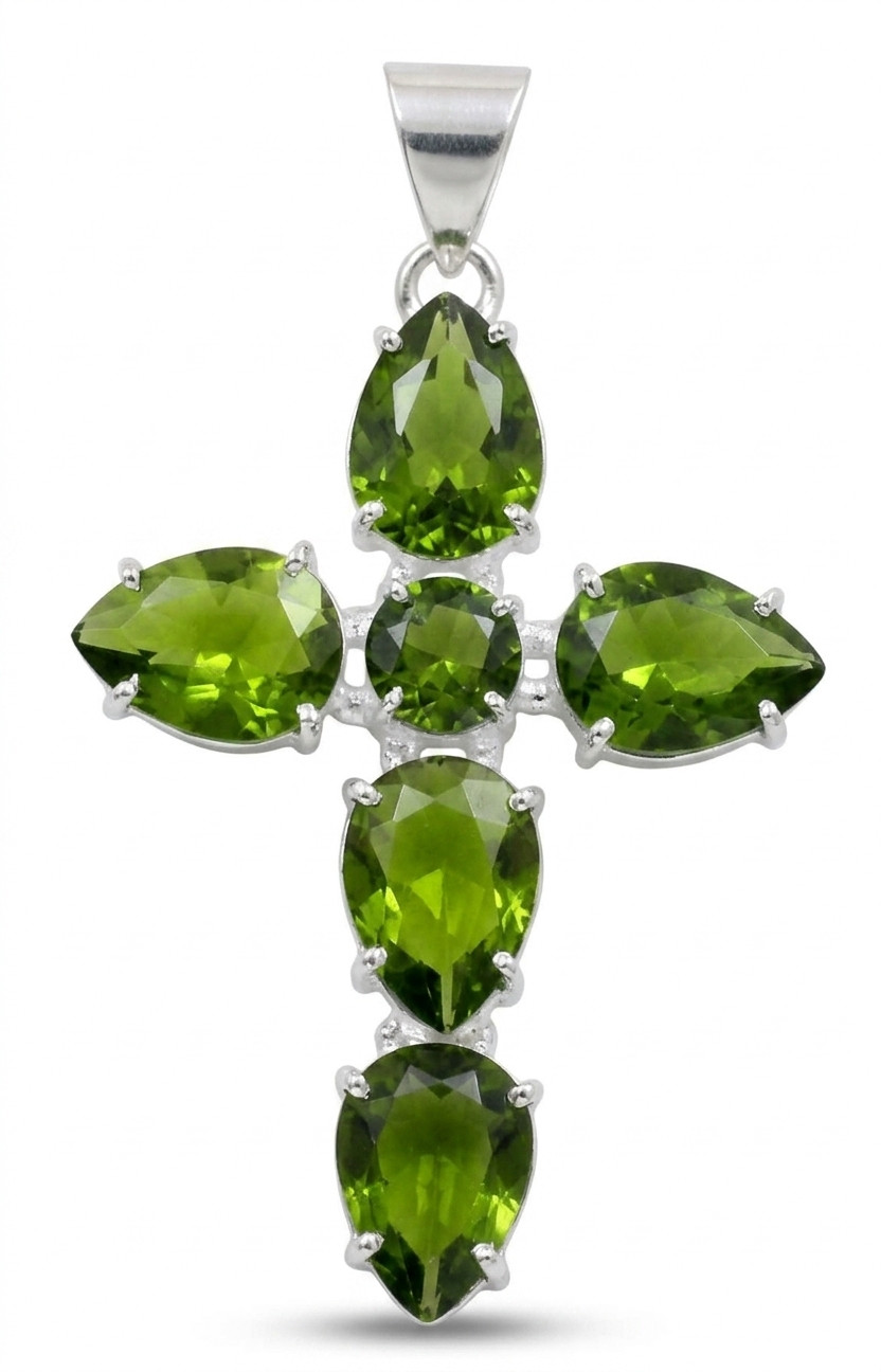 Green Peridot Gemstone Cross Pendant 925 Sterling Silver Artisan Jewelry S-1.50″