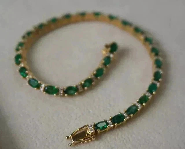 Natural Green Emerald 6TCW Oval Cut Tennis Bracelet 14k Yellow Gold Plated