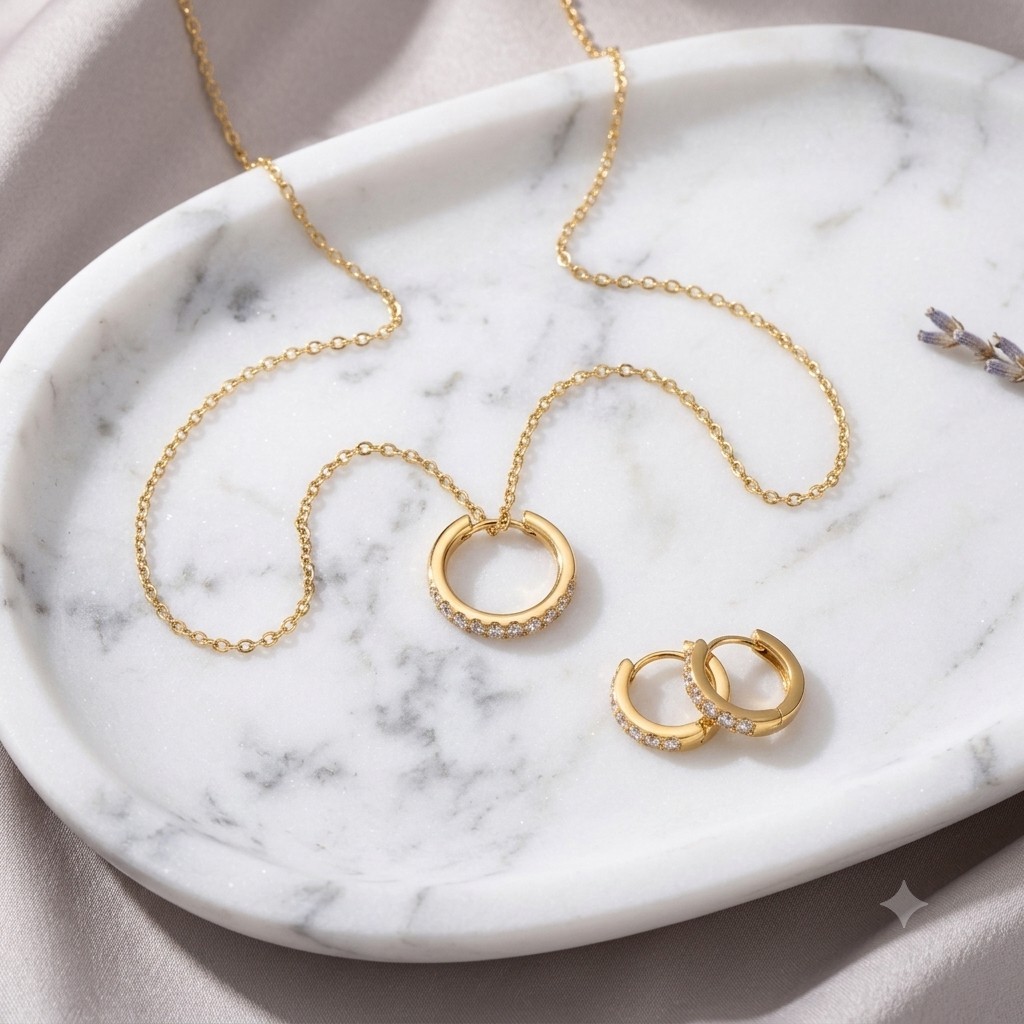 Gold-Tone Clear Cubic Zirconia Pendant Necklace & Hoop Earrings Jewelry Set