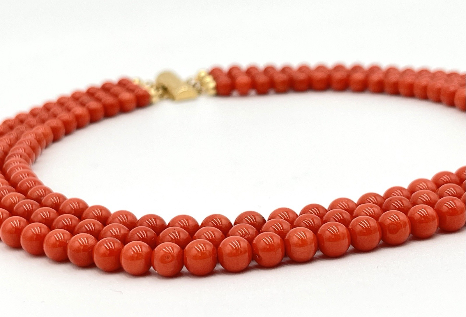 Natural Mediterranean Red Coral 3 Strand Necklace 7mm 18Kt Gold Made in Italy
