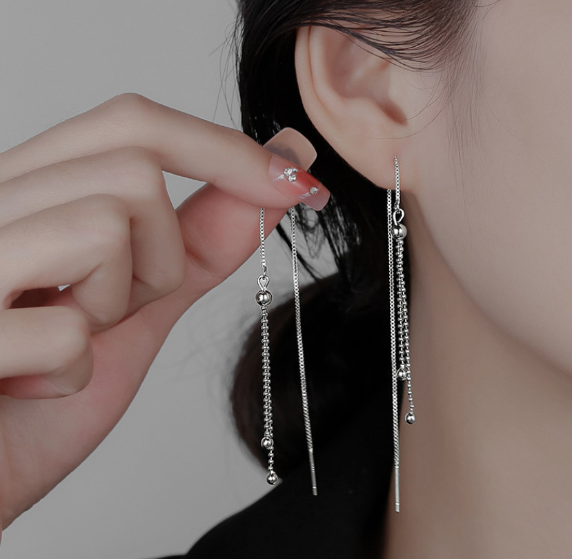 Sterling Silver Plated Tassel Threader Dangle Drop Earrings Bead Chain Gift I116