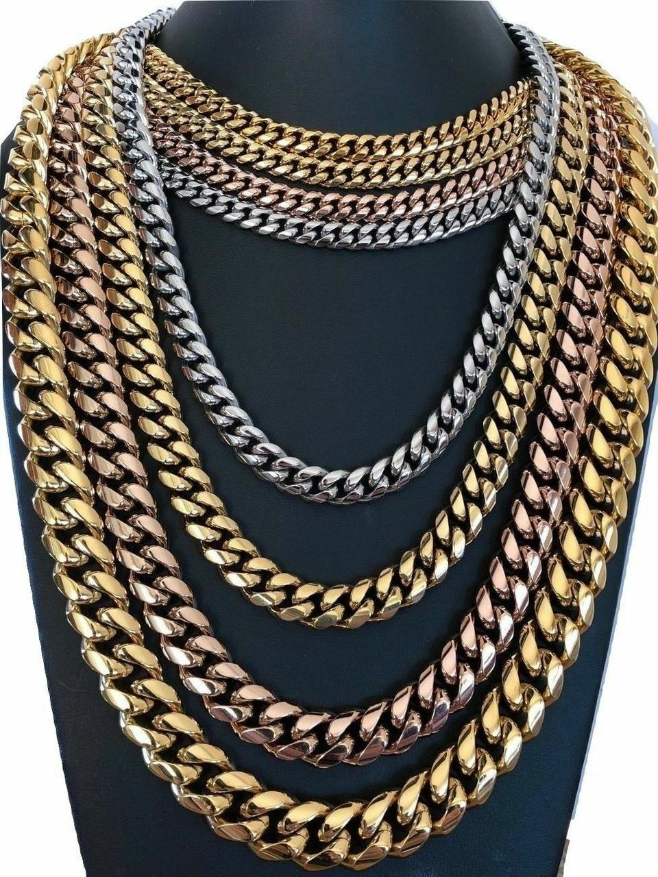 Miami Cuban Link Chain Rose Gold Plated Stainless Steel 8-18mm Yellow/Rose/White