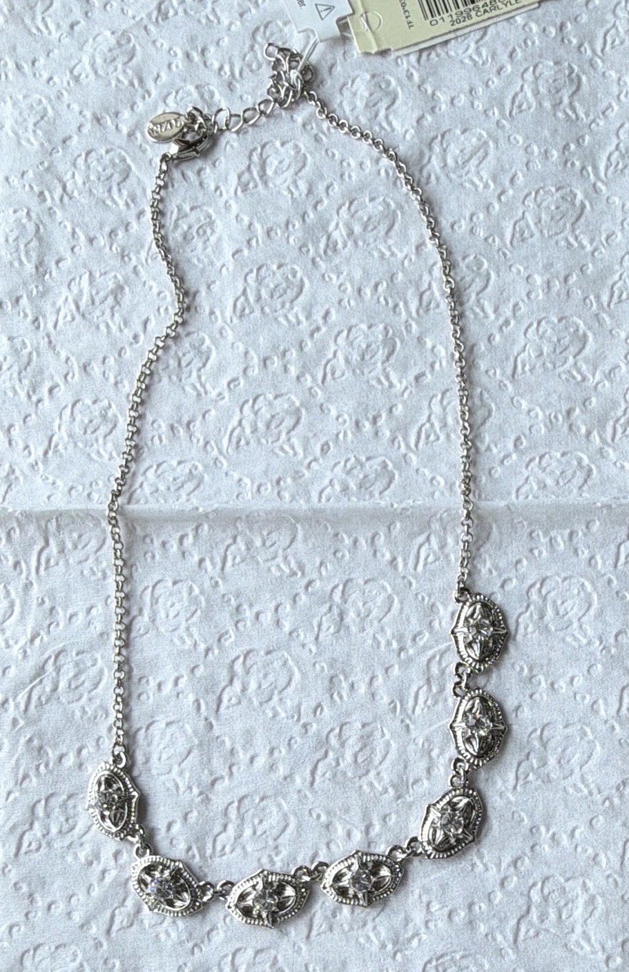 Macy’s 2028 Brand Silvertone White Crystal Oval Necklace 16 in NWT