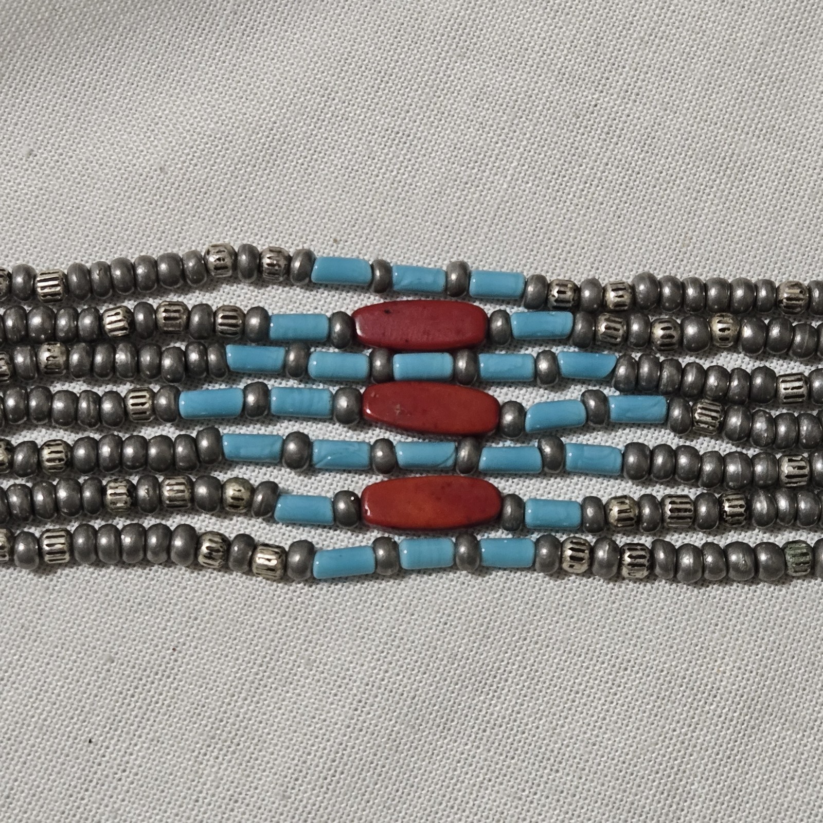 Vtg Signed Ben Amun 15″ Choker Necklace 7 Row Strand Faux Turquoise Coral