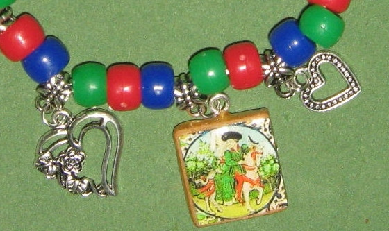 “COURTLY LOVE”- ALTERED ART BEADED CHARM BRACELET-ELASTIC BAND