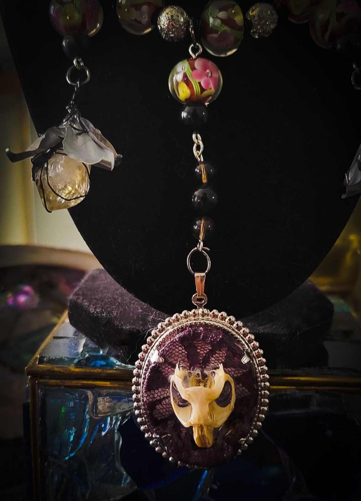 Handcrafted Necklace, Earring Set- Upcycled Vintage Beads, Animal Bones, Quartz