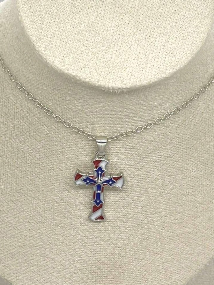 Silver-Plated Zinc Necklace Red White Blue Star Cross
