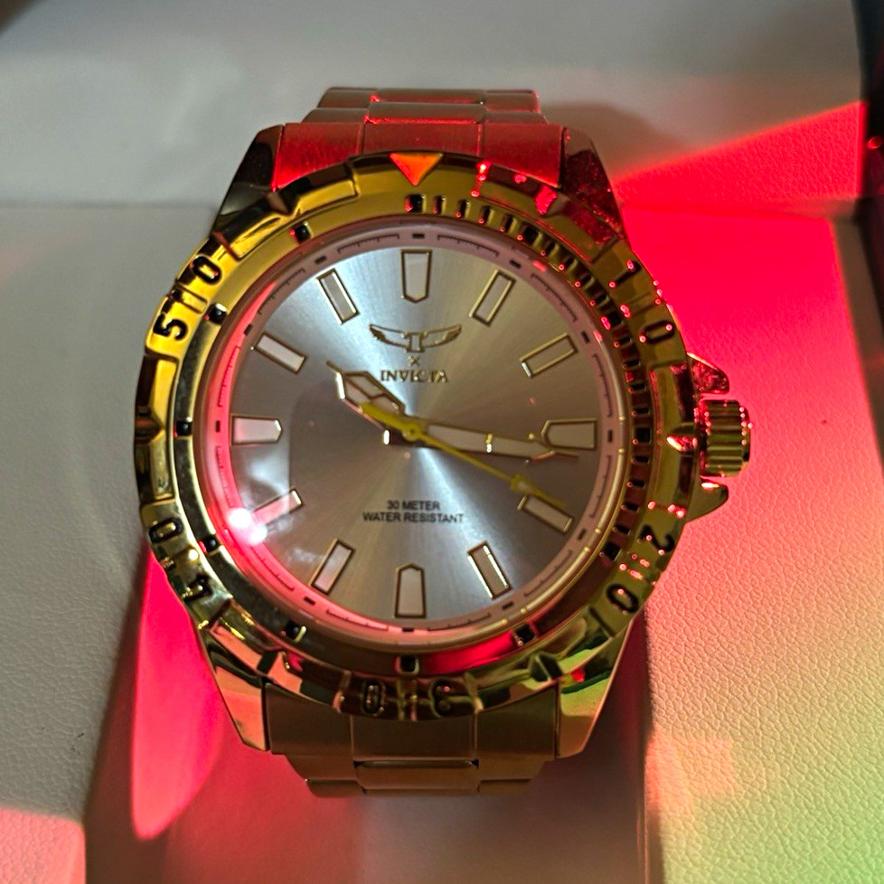 Invicta Men’s Quartz Watch Gold Tone Metal Bracelet Silver Dial 30m w/ Box