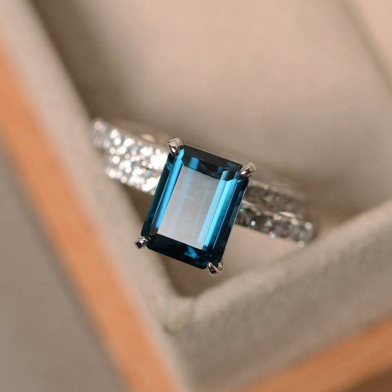 2.90 Ct Emerald Cut Natural Topaz & Diamond Wedding Ring 14K White Gold Size 8
