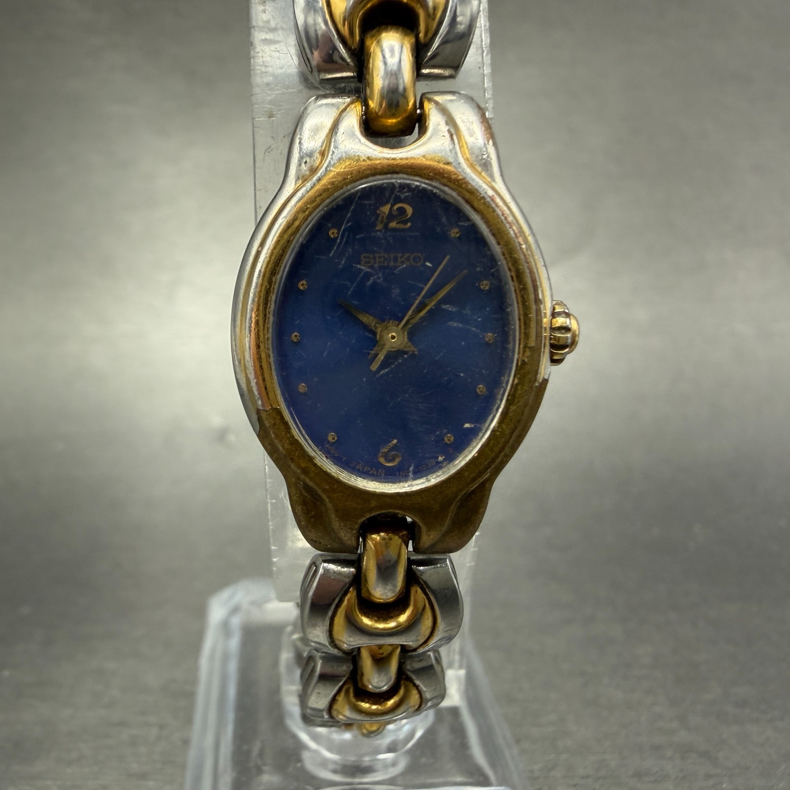 Seiko Watch Women 19mm Blue Dial Two Tone Oval Vintage 1N01-5B09 New Battery